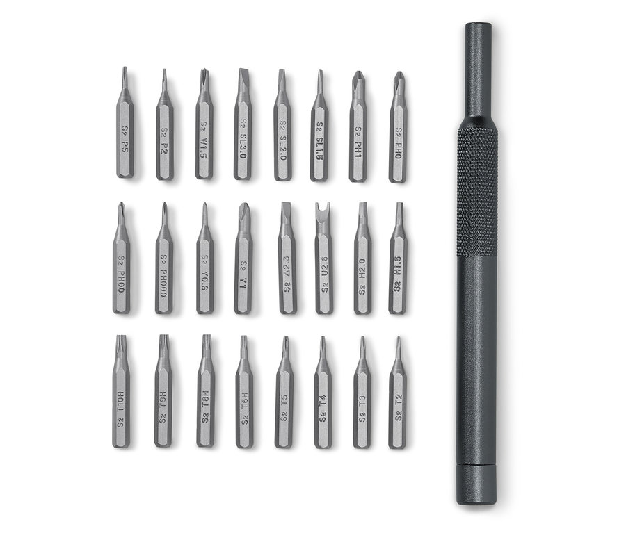 Set mit Präzisions-Schraubendreher-Bits und Griff.