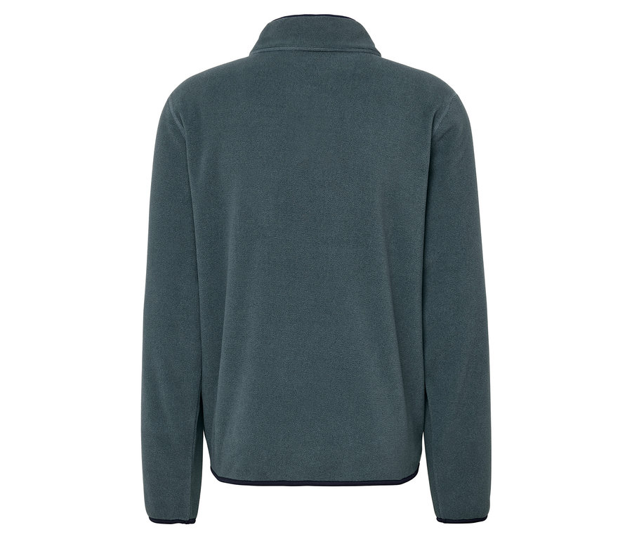 Rückansicht einer dunkelgrauen Fleecepullover-Jacke mit Reißverschluss.