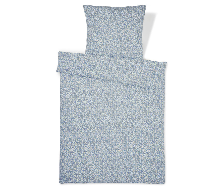 Blau gemusterte Jersey-Bettwäsche, Normalgröße und Übergröße, flach ausgebreitet.
