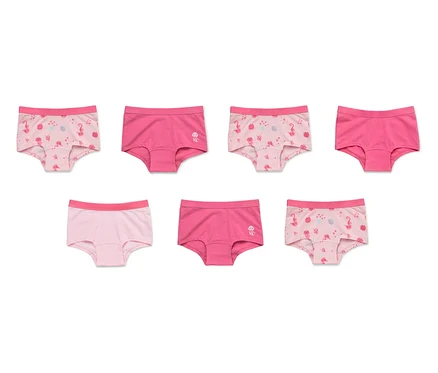 Sieben rosafarbene Slips, einige mit Flamingos und Quallen bedruckt.