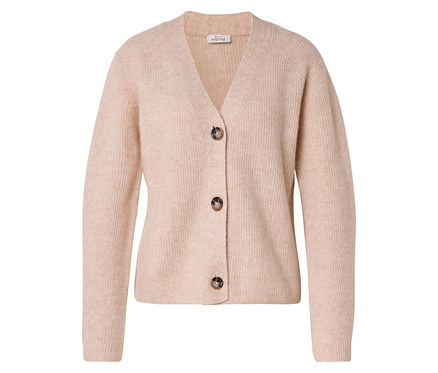 Beige Strickjacke mit V-Ausschnitt und drei Knöpfen.