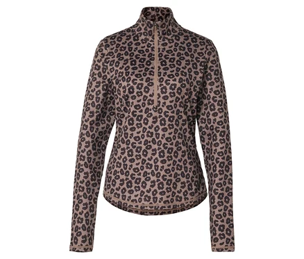 Braunes Thermo-Sportshirt mit Half-Zip und Leopardenmuster.
