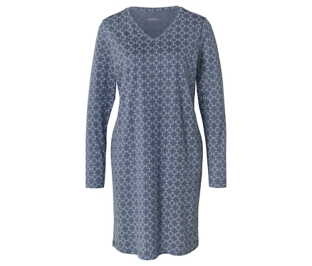 Graues, langärmeliges Kleid mit V-Ausschnitt und geometrischem Muster.
