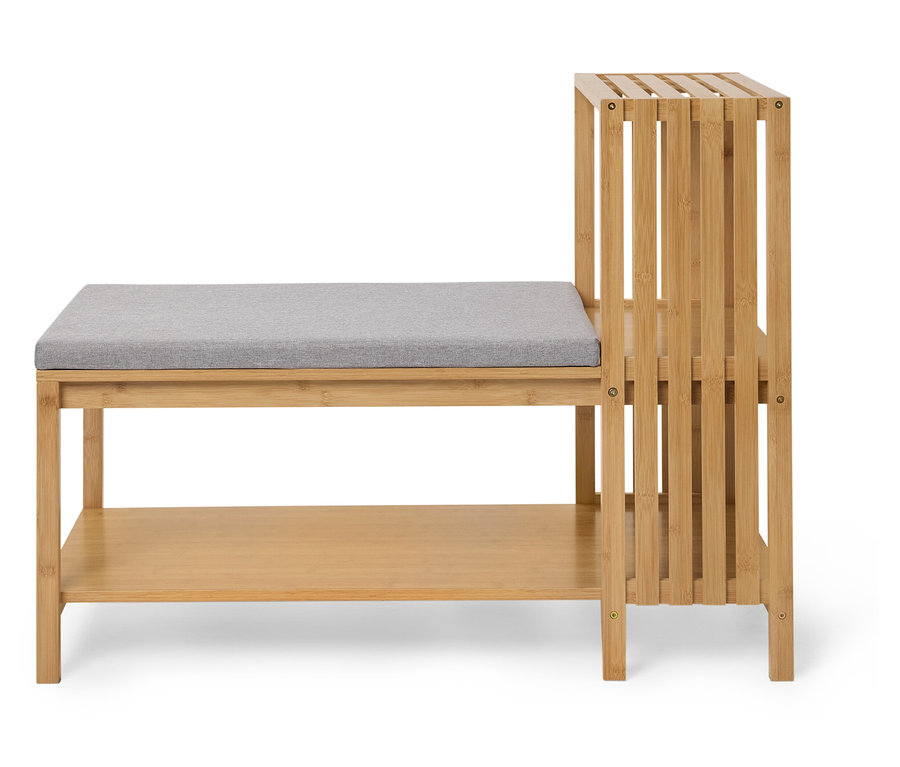 Holzbank mit grauer Sitzfläche und Ablage darunter.