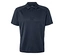 Nahaufnahme eines marineblauen Poloshirts mit kurzen Ärmeln und drei Knöpfen.