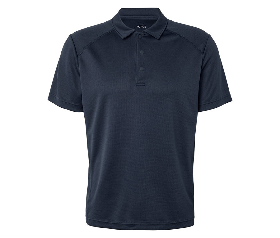 Nahaufnahme eines marineblauen Poloshirts mit kurzen Ärmeln und drei Knöpfen.