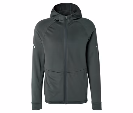Dunkelgrüne Thermojacke mit Kapuze, durchgehendem Reißverschluss und weißen Akzenten an den Ärmeln.