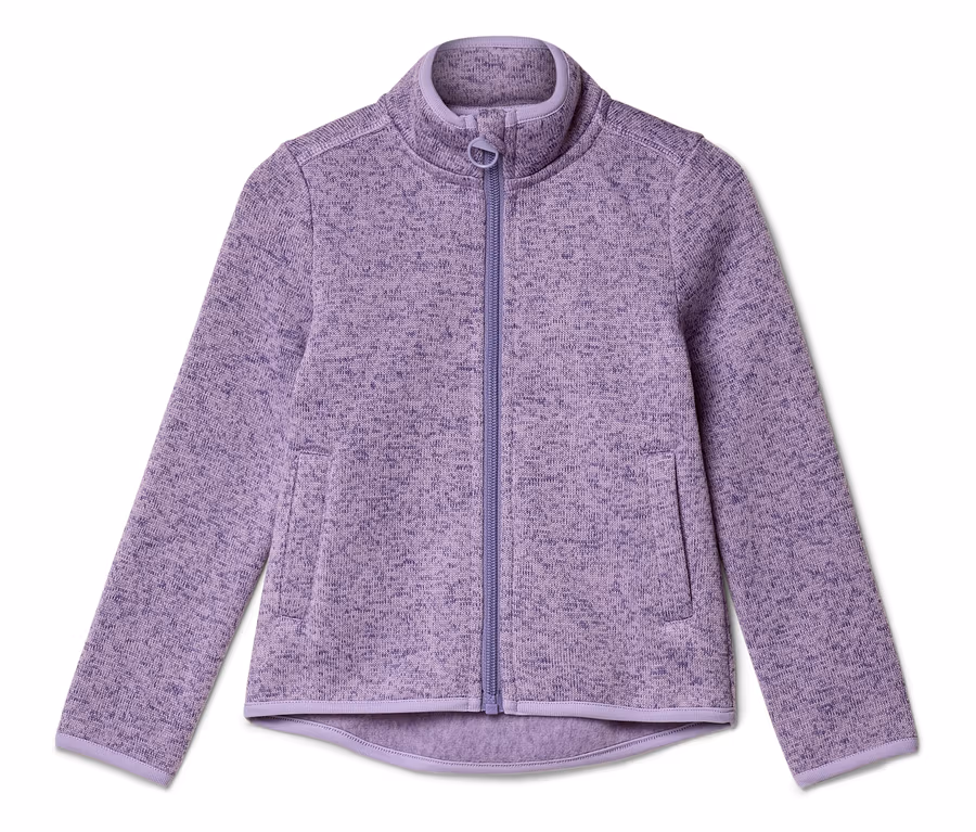 Lila Fleecejacke mit durchgehendem Reißverschluss und zwei Taschen.