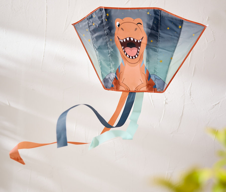 Ein bunter Drachen mit einem orangefarbenen, lächelnden, zwinkernden Dinosauriergesicht und blauen, orangefarbenen und hellblauen Bändern hängt an einer weißen Wand.