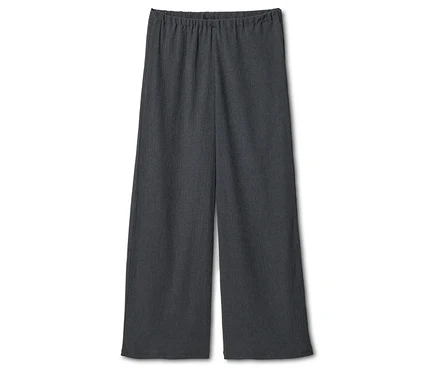 Graue, lange Hose mit elastischem Bund.