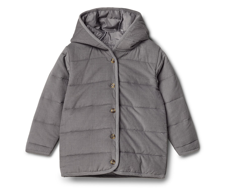 Graue, gesteppte Cordjacke mit Kapuze und Knopfleiste.