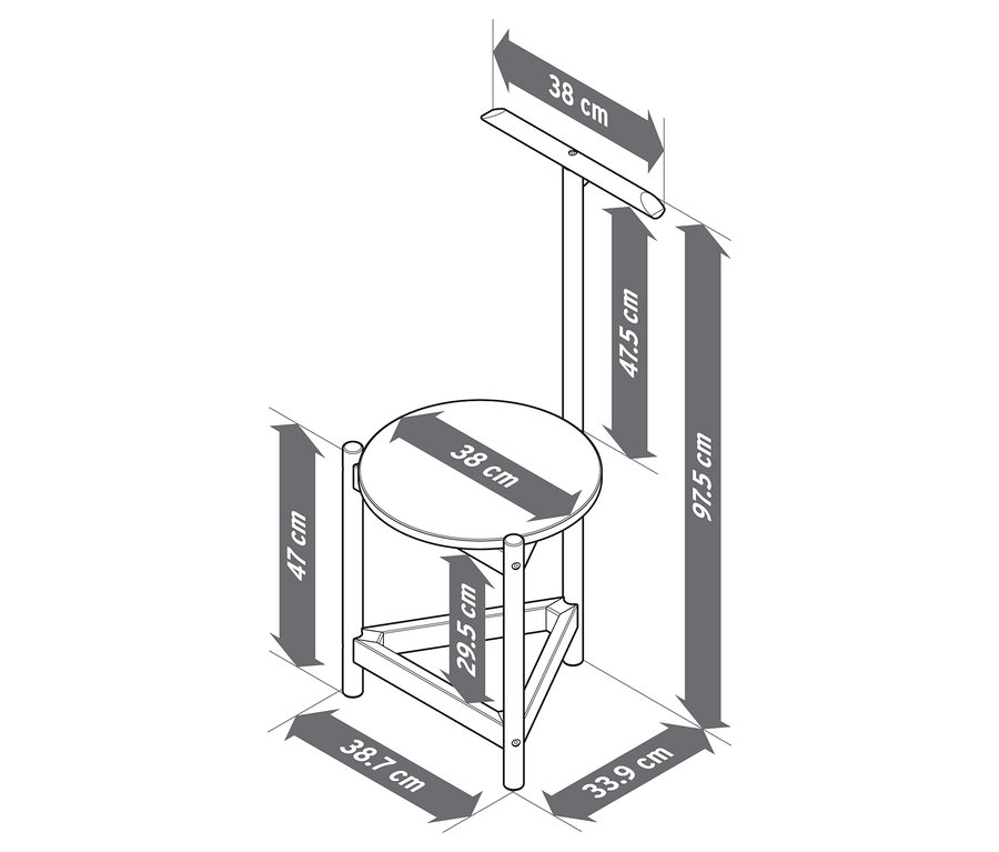 Skizze eines stummen Dieners mit Hocker aus Massivholz mit Maßangaben.