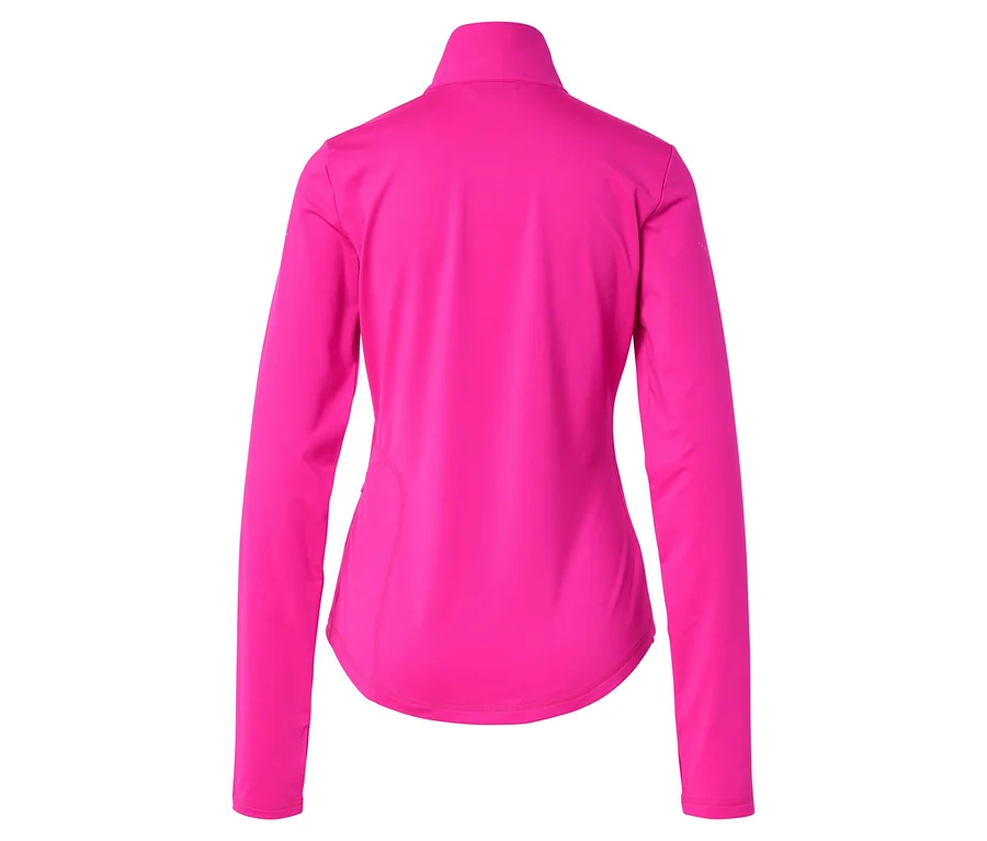 Rückansicht einer pinkfarbenen, langärmeligen Sportjacke mit Stehkragen.