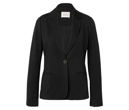 Schwarzer Blazer mit einem Knopf und Reverskragen, frontal auf weißem Hintergrund.