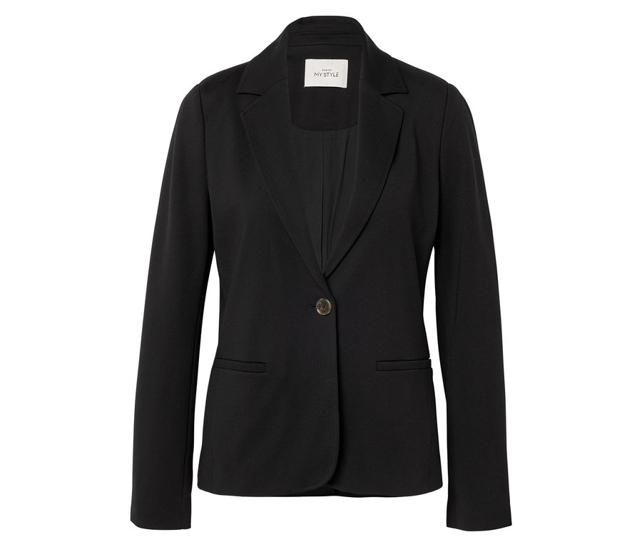 Schwarzer Blazer mit einem Knopf und Reverskragen, frontal auf weißem Hintergrund.
