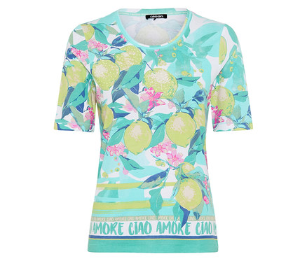 Olsen T-Shirt mit Zitronen- und Blumenmuster in Türkis, Grün und Rosa, mit "AMORE CIAO" Schriftzug am Saum.