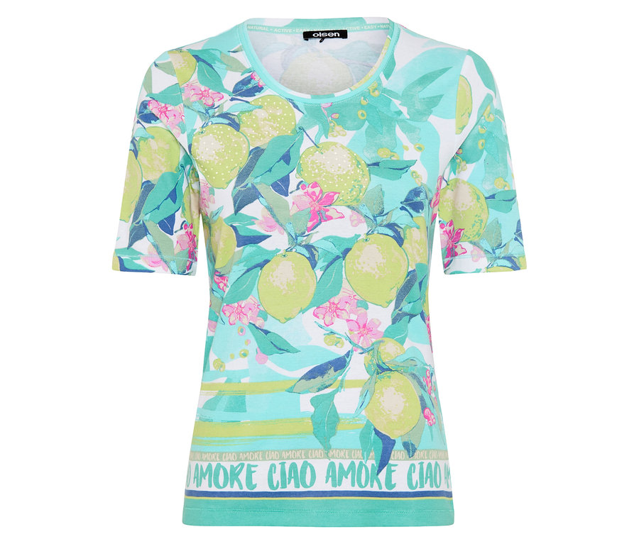Olsen T-Shirt mit Zitronen- und Blumenmuster in Türkis, Grün und Rosa, mit "AMORE CIAO" Schriftzug am Saum.