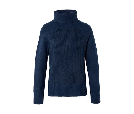 Dunkelblauer Rollkragenpullover aus Rippstrick mit langen Ärmeln.