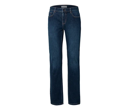 Dunkelblaue Jeans mit geradem Bein, Vordertaschen und Knopf-Reißverschluss.