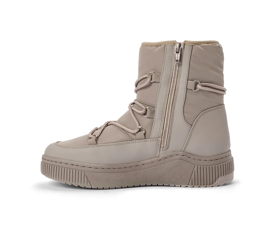 Heller, hoher Winterstiefel mit dicker Sohle, Schnürsenkeln und seitlichem Reißverschluss.