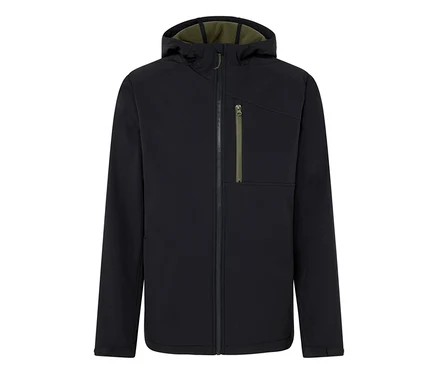 Schwarze Kapuzenjacke mit Reißverschluss in der Mitte.