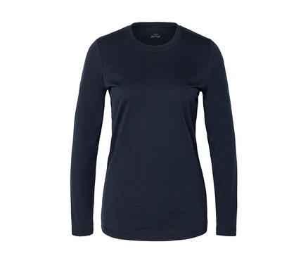 Dunkelblaues Langarmshirt mit Rundhalsausschnitt und einem kleinen weißen Etikett mit der Aufschrift „ACTIVE“ am Kragen.