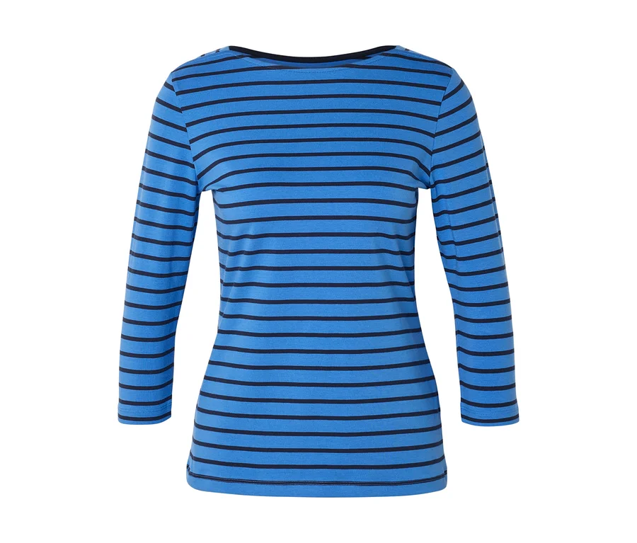 Blaues, tailliertes Langarmshirt mit schwarzen horizontalen Streifen vor weißem Hintergrund.