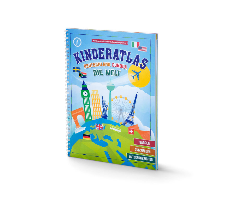 Kinderatlas mit Illustrationen von Sehenswürdigkeiten und Flaggen.