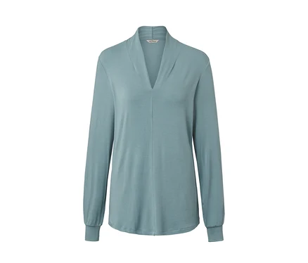 Rauchblaues Langarmshirt mit V-Ausschnitt.