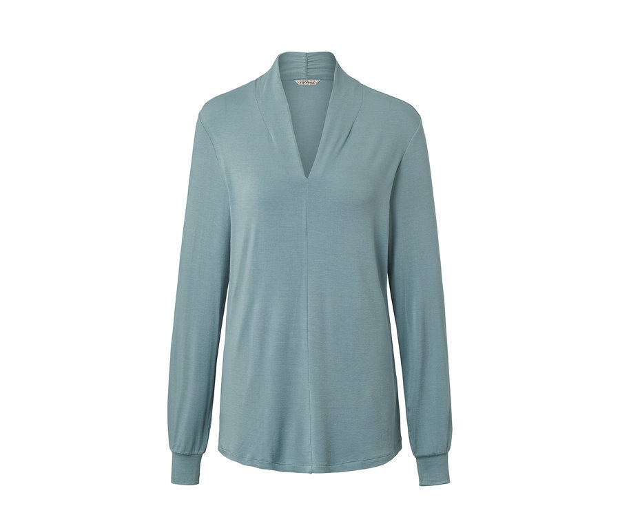 Rauchblaues Langarmshirt mit V-Ausschnitt.