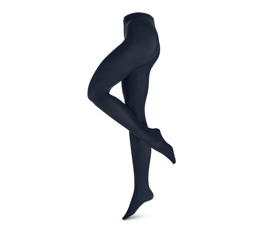 Beine einer Schaufensterpuppe, die eine dunkelblaue, blickdichte Strumpfhose, 2 Paar, trägt.