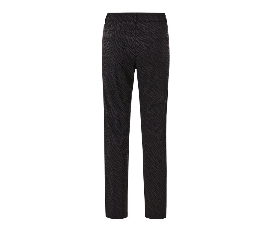 Schwarze, bedruckte Bengalin-Hose mit Zebramuster.