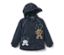 Dunkelblaue Kinder-Thermo-Regenjacke mit Kapuze und Hundemotiv.