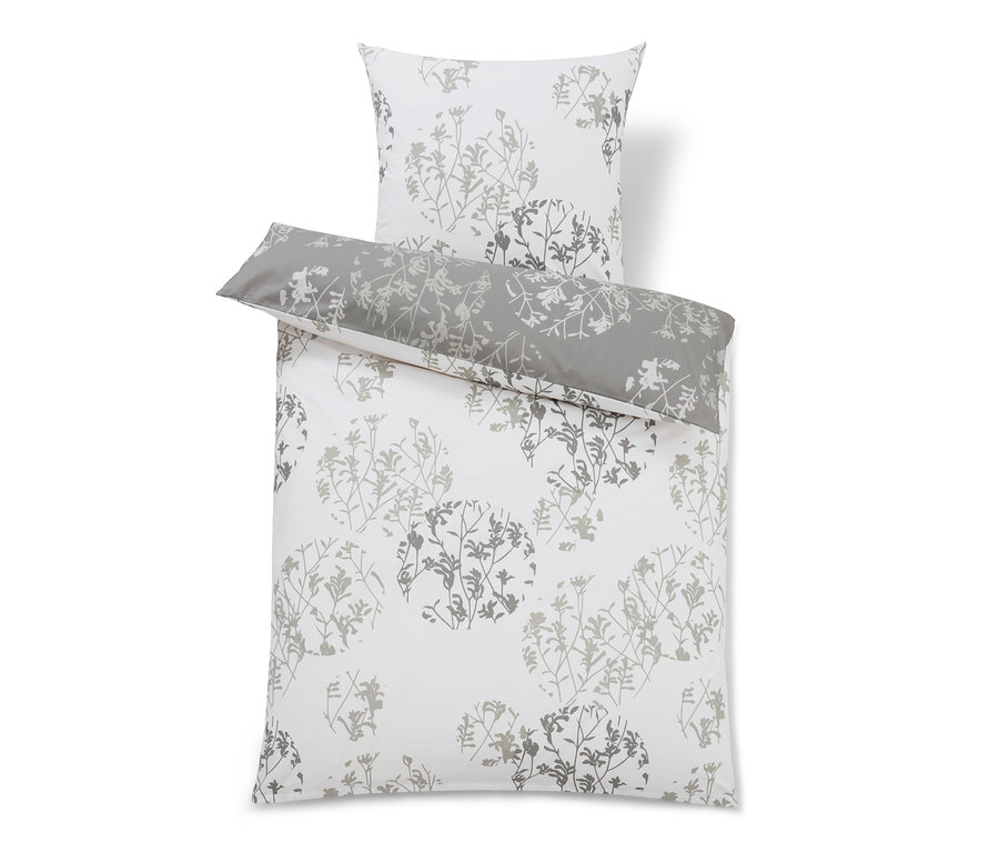Weiße Renforcé-Bettwäsche mit grauem Blätterdessin.