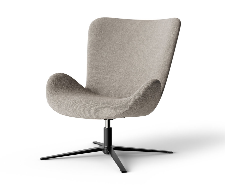 Ein hellgrauer Sessel mit Drehfunktion und schwarzem Fuß.