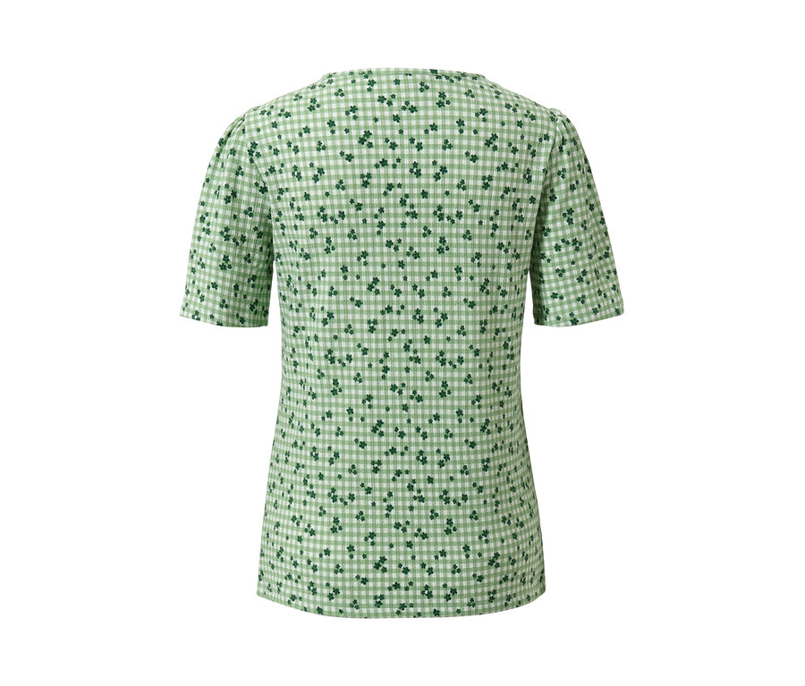 Rückansicht des grünen Blusenshirts mit Alloverprint.