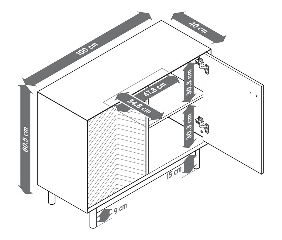 Skizze eines Sideboards aus Eschenholz mit dekorativen Türfronten und Abmessungen.