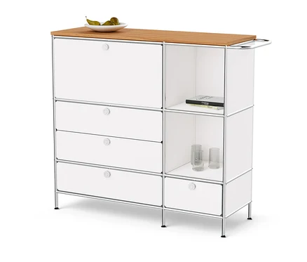 Weißes Sideboard Metall »CN3« mit Holzplatte, einem Klappenfach und vier Schubladen.