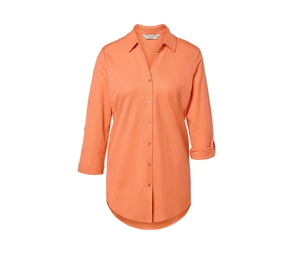 Pfirsichfarbene Piqué-Jerseybluse mit Dreiviertelärmeln.