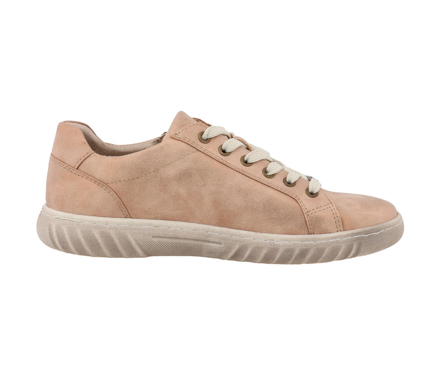 Nahaufnahme eines Romika Sneakers, PU bronze, mit weißen Schnürsenkeln.