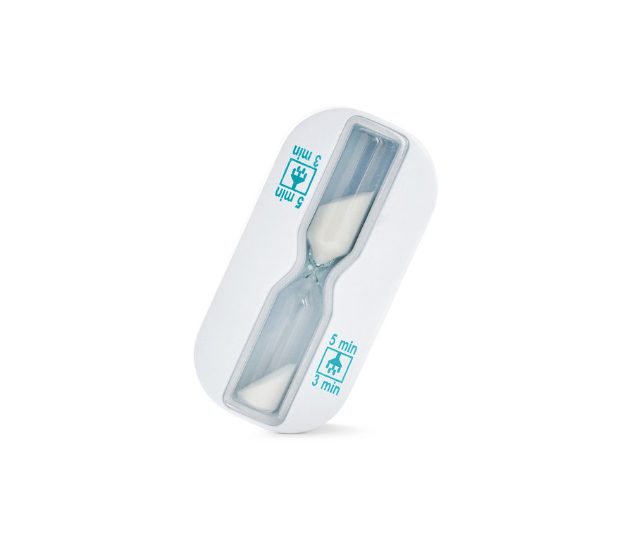 Eine Dusch-Sanduhr mit weißem Gehäuse und blauem Aufdruck.