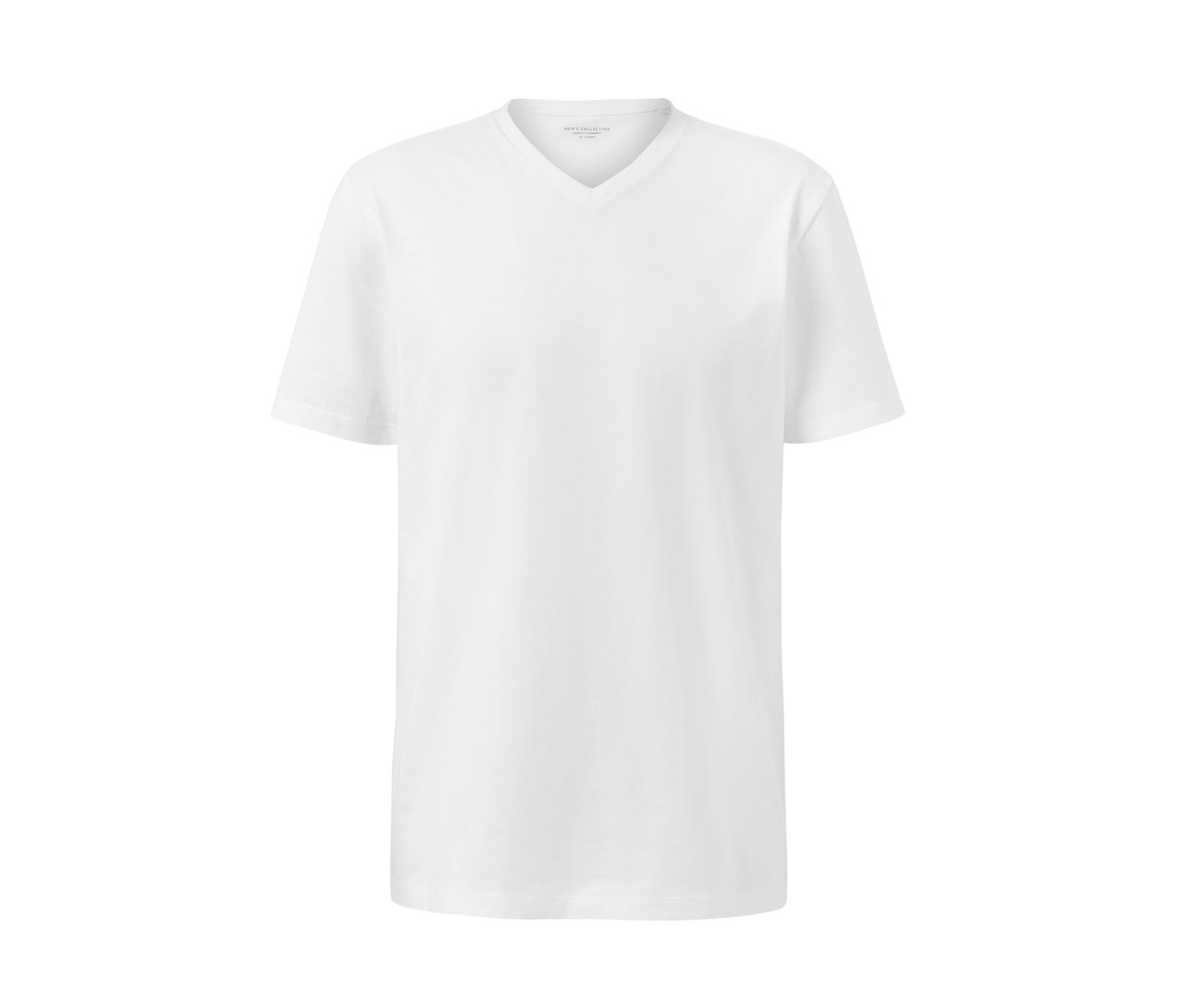 Ein weißes T-Shirt mit V-Ausschnitt und kurzen Ärmeln.