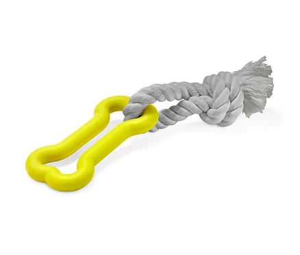 Gelbes Hundespielzeug mit Seil.
