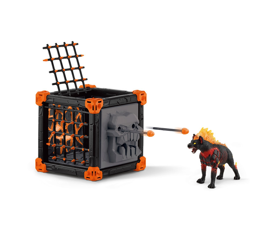 Schleich Eldrador BattleCave Lavahyäne steht neben Lavahöhle.