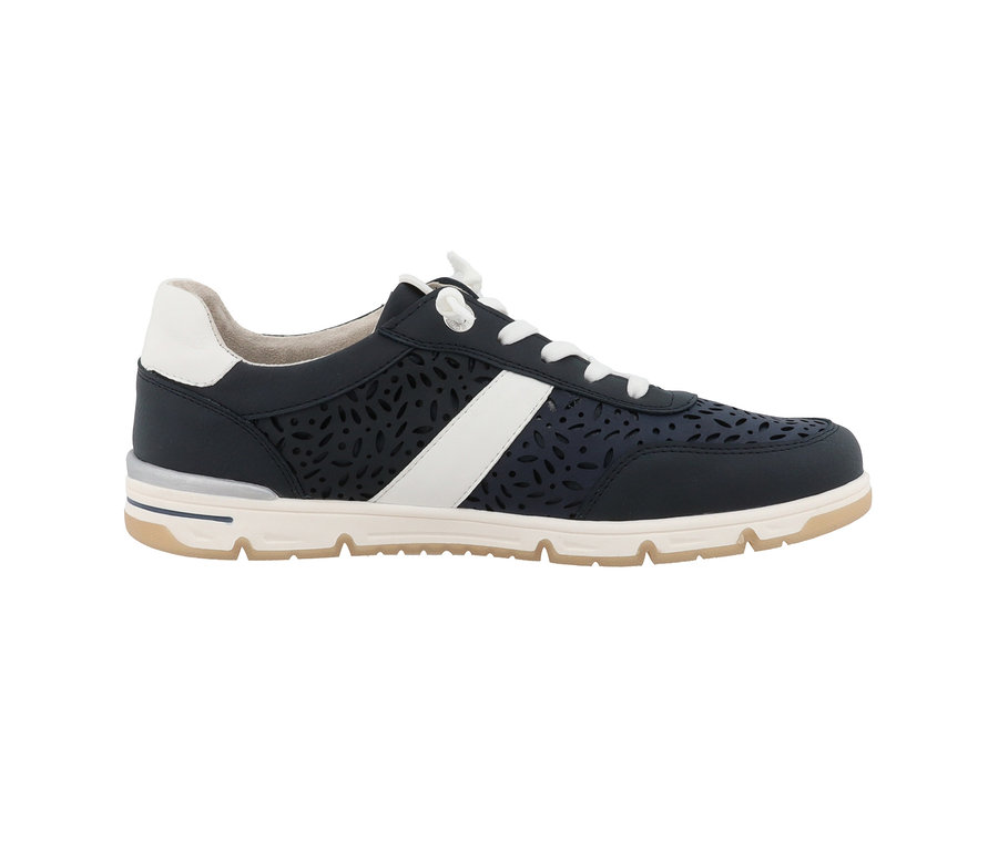 Marineblauer Romika Sneaker aus PU mit weißen Schnürsenkeln und weißem Seitenstreifen.