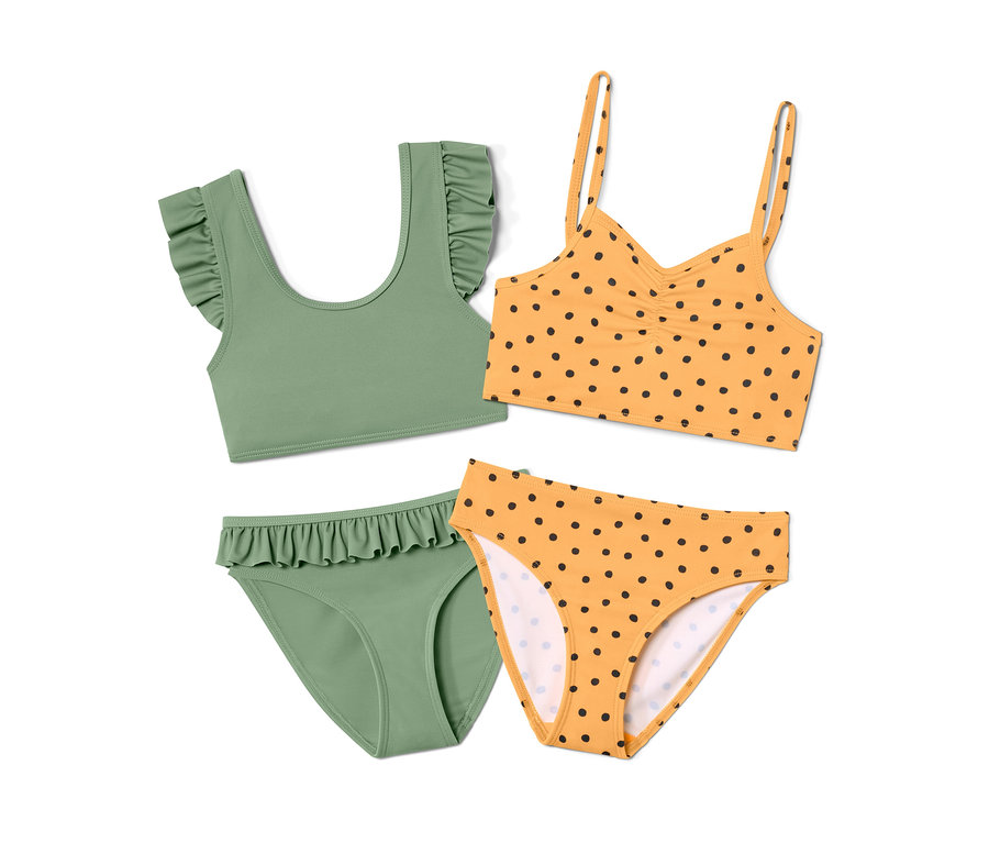 Ein grün- und gelb-orangefarbenes Kleinkind-Bikini-Set, 4-teilig, liegt auf einem weißen Hintergrund.