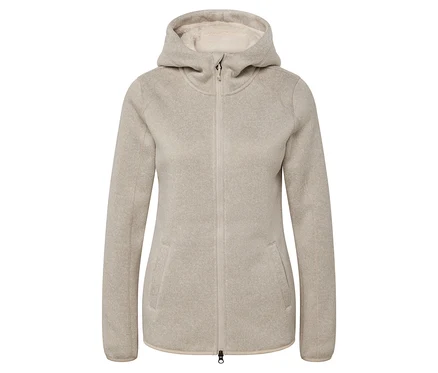 Beige Fleecejacke mit Kapuze und Reißverschluss in der Mitte.