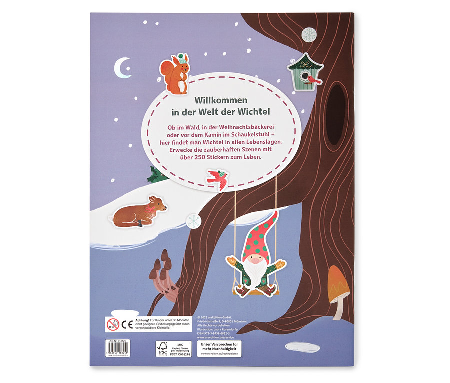 Illustration einer Waldszene mit Eichhörnchen, Reh und einem Wichtel auf einer Schaukel.