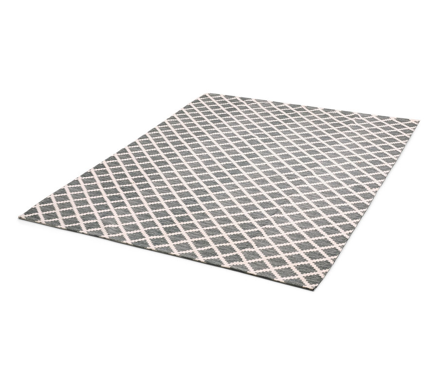 Outdoor-Wende-Teppich, ca. 250 x 180 cm, mit grau-weissem Rautenmuster.