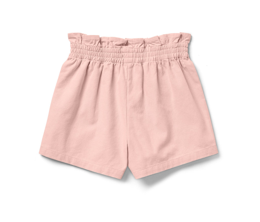 Rosa Kinder-Paperbag-Shorts auf weißem Hintergrund.